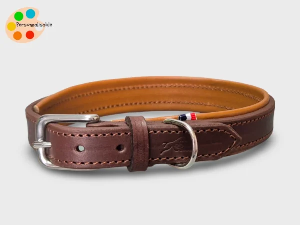 Un collier de chien en cuir avec une plaque gravée ou un médaillon