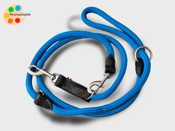 Une laisse bleu pour chien avec une grande longueur de corde