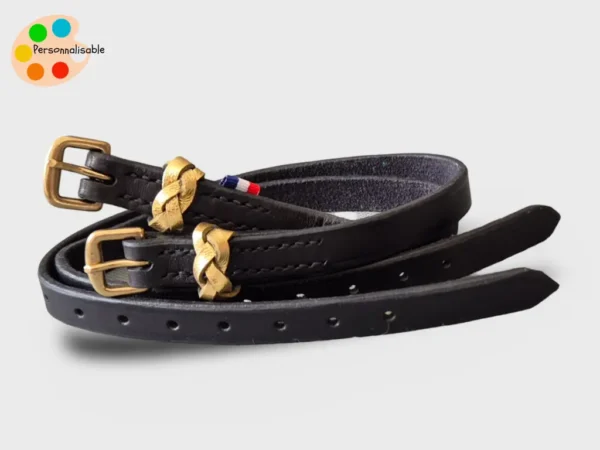 courroies-eperons-boheme-cuir-dore-cavaliere Paire de lanières d'éperons en cuir avec passant doré pour cavalière