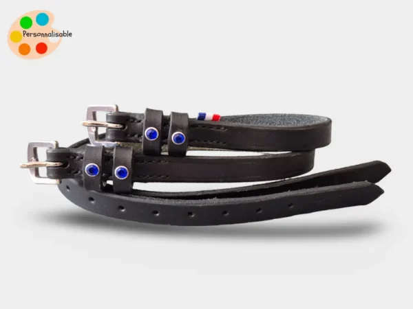 Paire de lanières d'éperons en cuir avec strass bleu pour cavalière