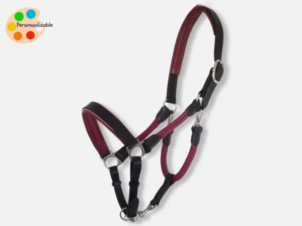 Un licol en cuir et corde bordeaux sur mesure