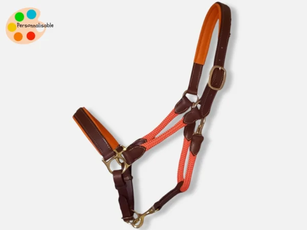 un licol en cuir et corde orange fabriqué à la main