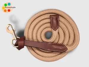 longe-cheval-personnalisable Une longe pour cheval en cuir et corde beige personnalisable