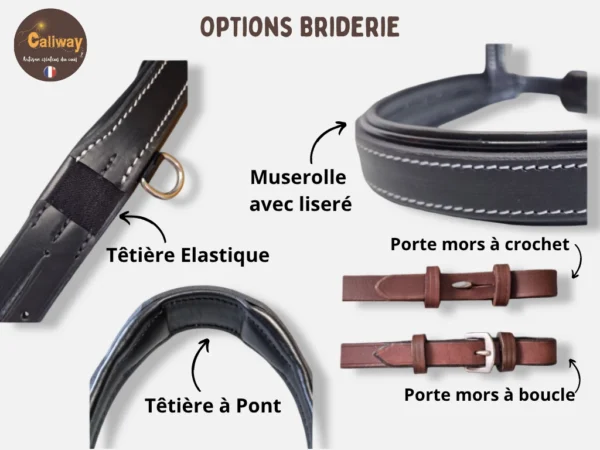 options-tetiere-muserolle-bridon Différentes options de personnalisations pour un bridon en cuir sur mesure