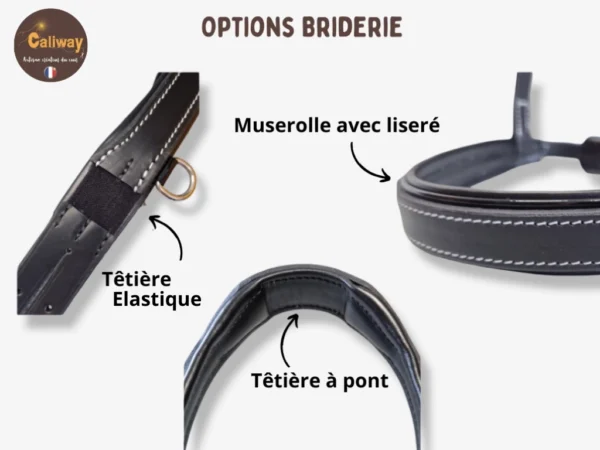 options-tetiere-muserolle-side-pull Un side pull personnalisable avec têtière à pont ou à élastique pour chevaux sensibles de la nuque