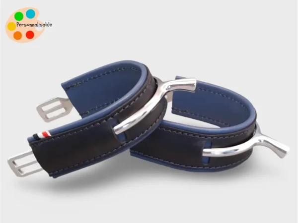 Paire de protège éperon en cuir noir et bleu pour cavalier