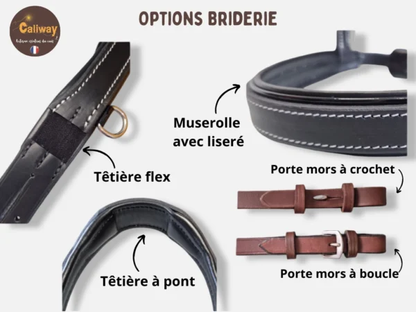 tetiere-muserolle-sur-mesure-personnalisable Les options de têtières de bridon ou side pull comme une têtière à pont ou une têtière avec élastique