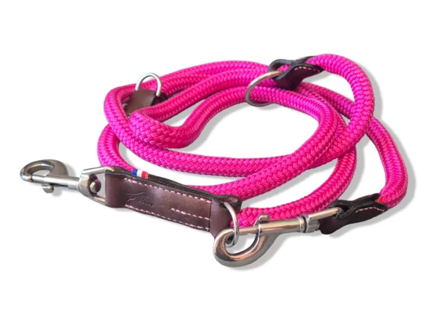 Laisse pour chien 3 points en cuir et corde rose