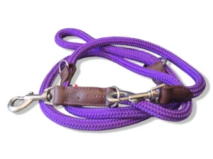 laisse-chien-3-points-violet Une laisse pour chien en cuir et corde violette