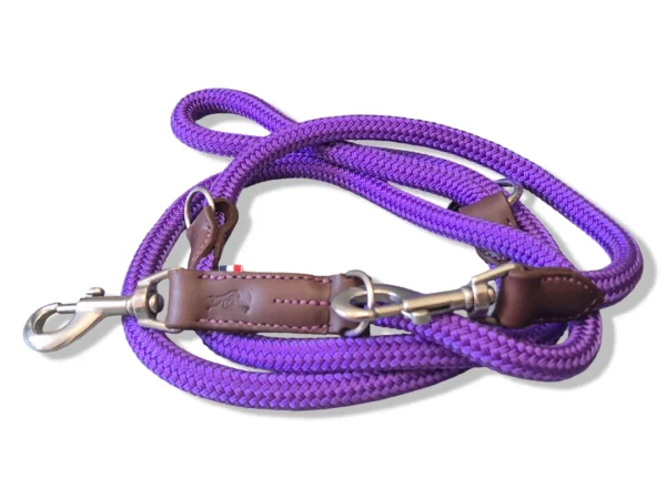 laisse-chien-3-points-violet Une laisse pour chien en cuir et corde violette