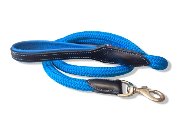 Une laisse pour chien en cuir et corde noir et bleu