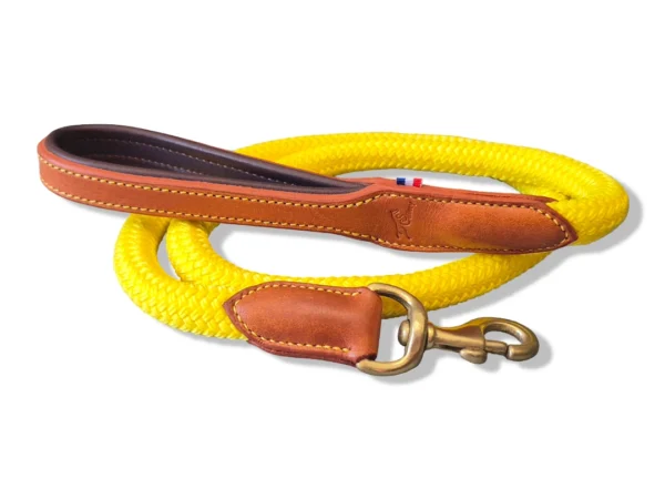 laisse-chien-cuir-corde-jaune Une laisse pour chien en cuir et corde jaune