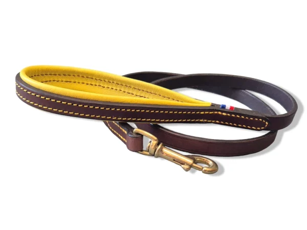 laisse-chien-fine-cuir-jaune Une laisse en cuir fine pour chien marron et jaune