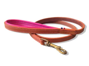 laisse-chien-fine-cuir-rose Une laisse fine en cuir cognac et rose