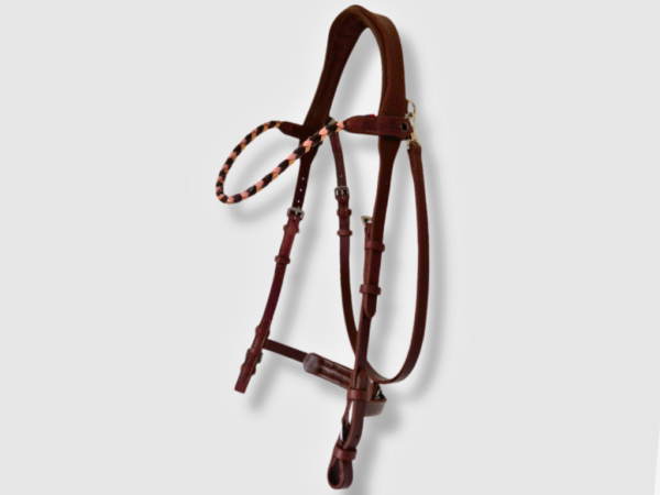 Un bridon sans muserolle en cuir havane et rose
